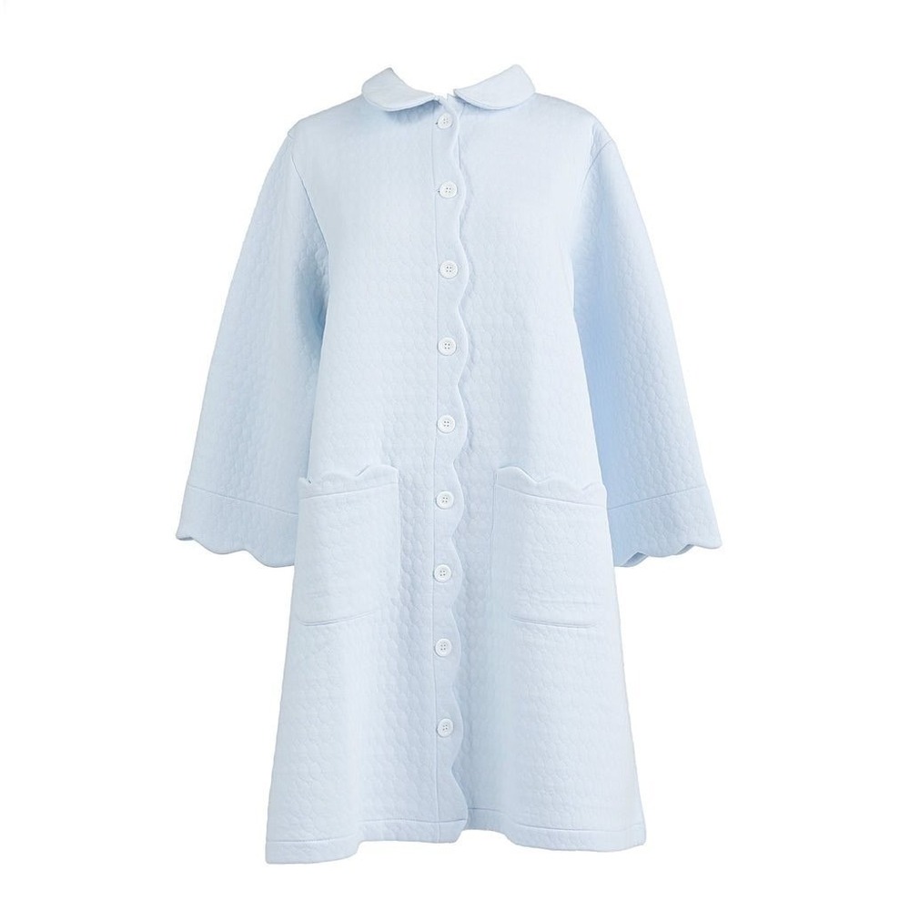 Lenora Vivian Cotton Robe Blue Quilted Scalloped Button Front Housecoat Size L